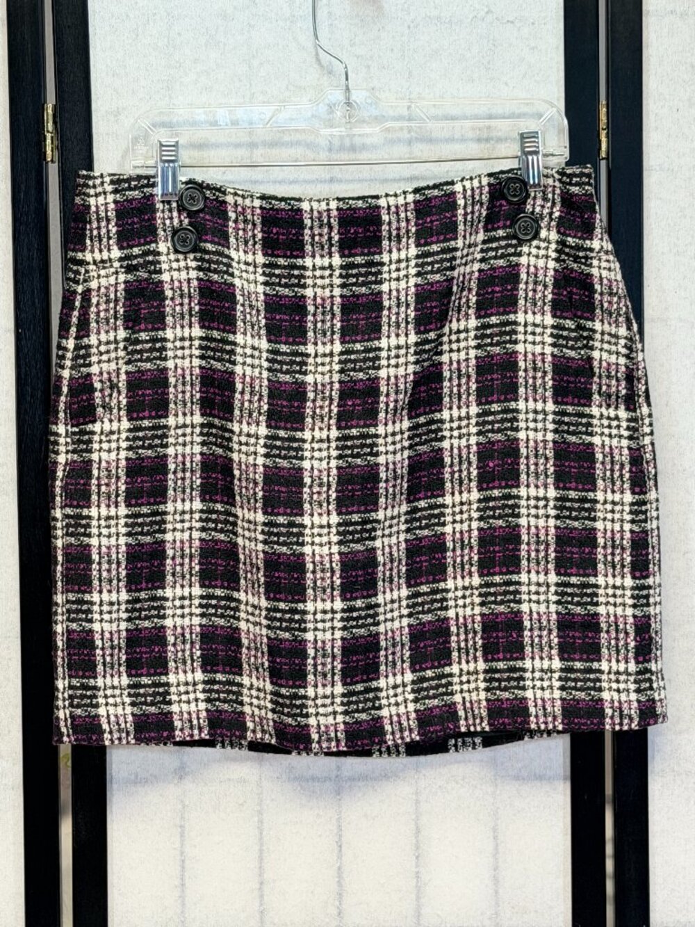 Ann Taylor LOFT Plaid Mini Skirt 10 A Line Black White Pink Button Pockets Lined